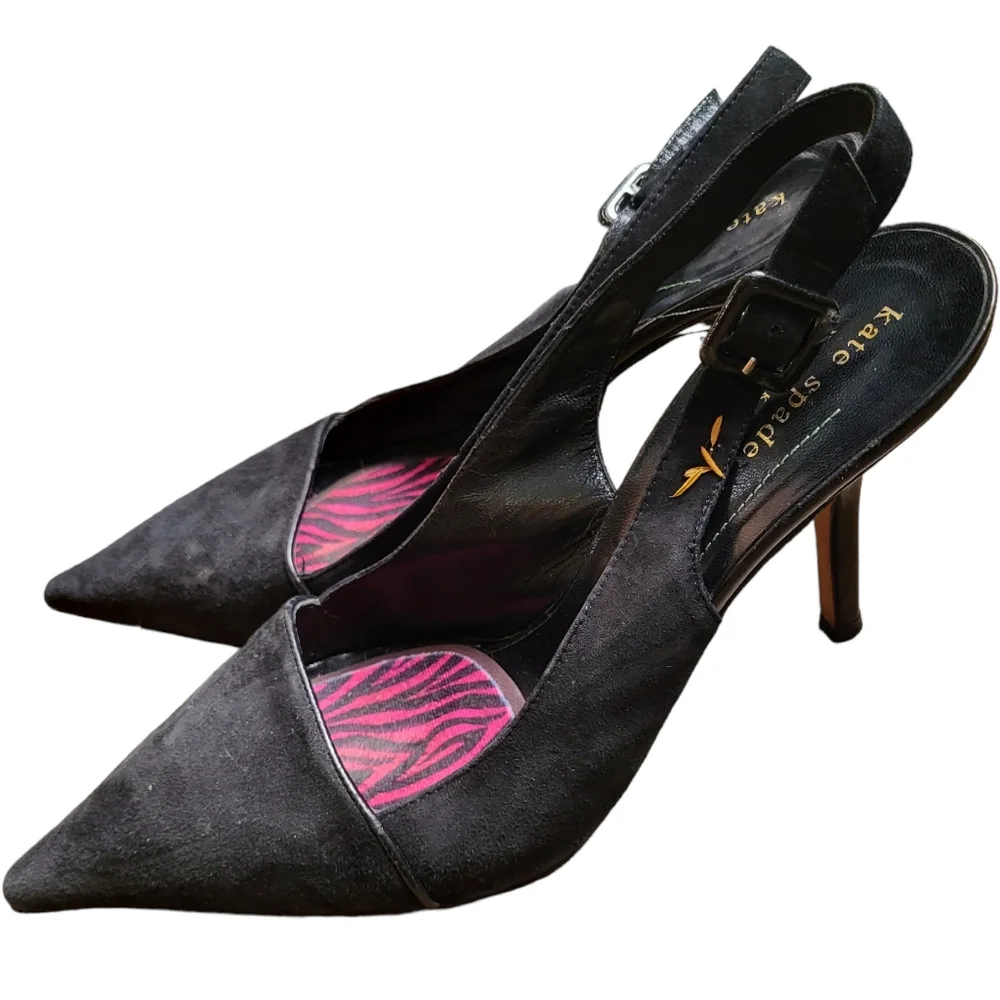 KATE SPADE Womans black suede and upper leather sling back heels size 10M Glam